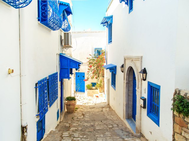 Narrow alleyway between blue-accented buildings in Sidi Bou Said, Tunisia