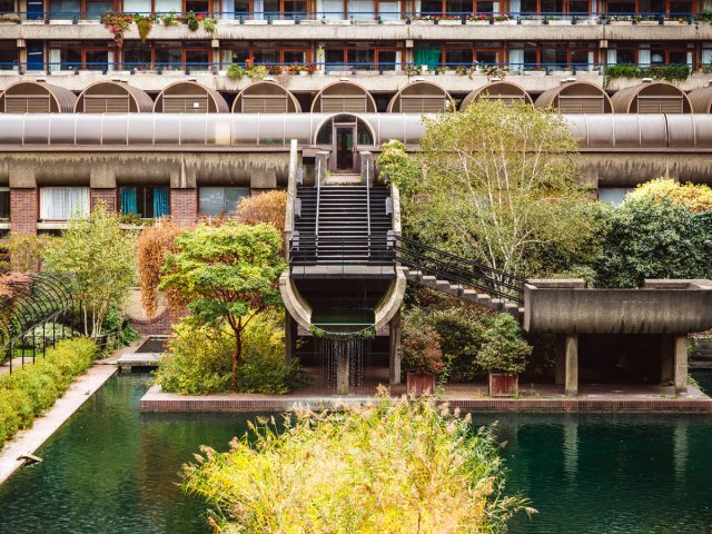 Courtyard and apartments of the Barbican Estate in London, England