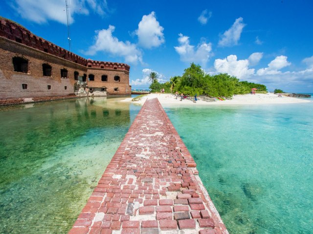 Bridge to brick fort on island in Dry Tortugas National Park in Florida