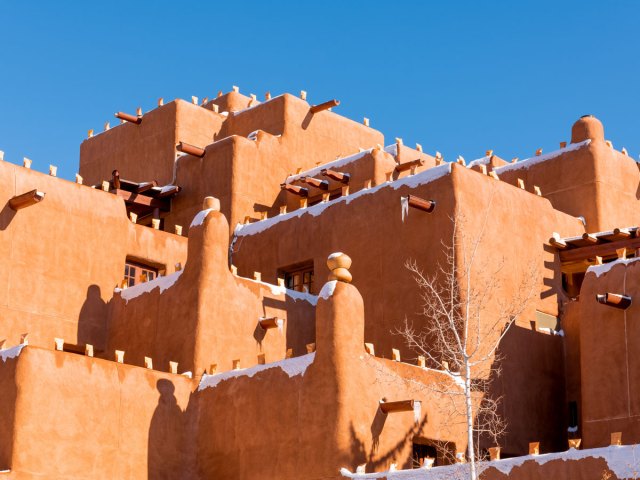 Traditional Puebloan adobe architecture in Santa Fe, New Mexico