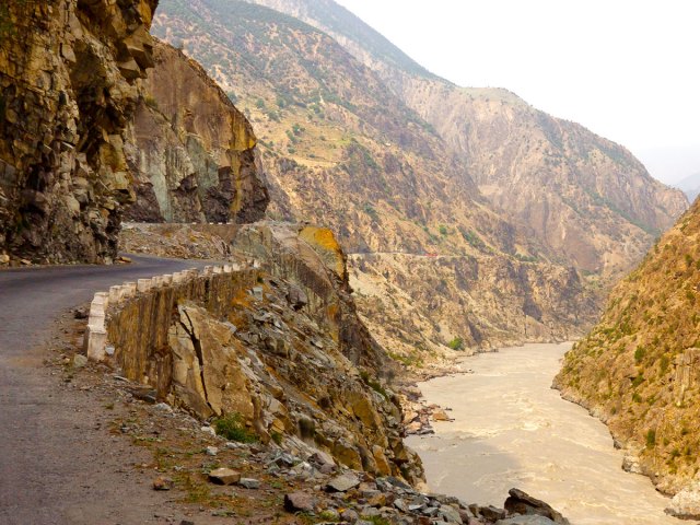 Roadway through the Karakoram mountain range in Pakistan