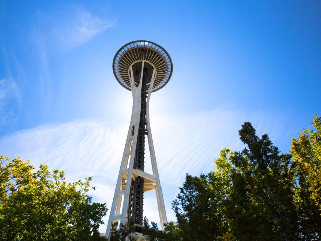 View up at the Space Needle in Seattle from street level
