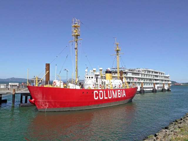 View of the Lightship Columbia at port in Astoria, Oregon