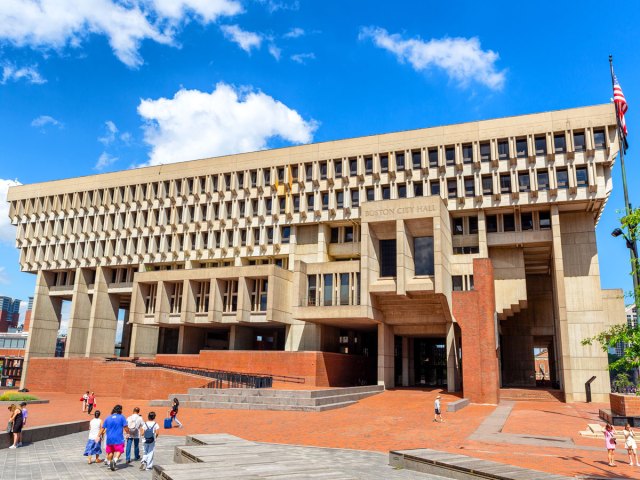 Brutalist exterior of Boston City Hall