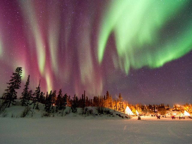 The northern lights seen over snow-covered forest landscape of Yellowknife, Canada