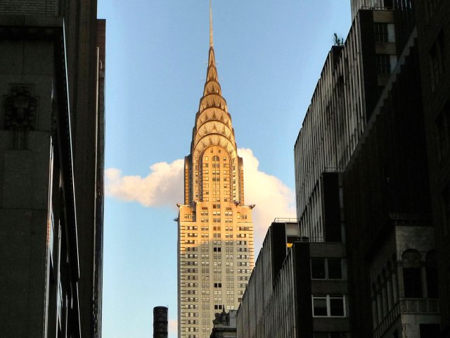 Chrysler Building in New York City, seen between skyscrapers