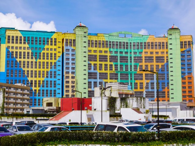 Multi-colored facade of the First World Hotel in Pahang, Malaysia
