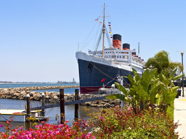 Queen Mary historic ocean liner turned hotel docked in Long Beach, California