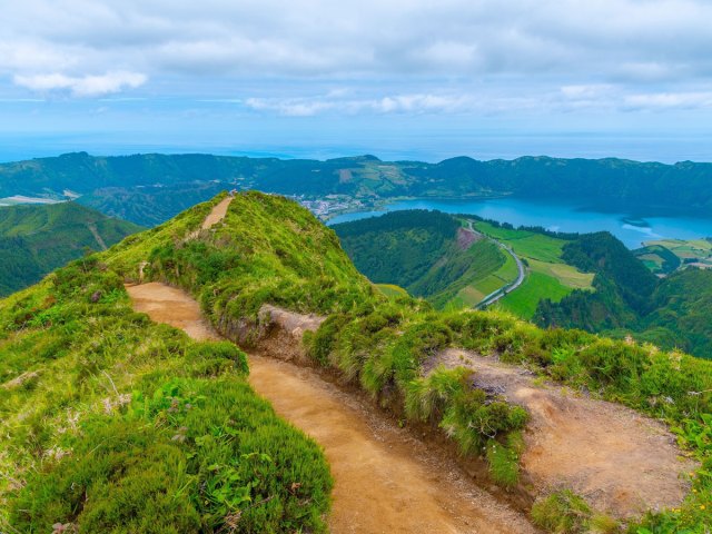 Trail overlooking the Boca do Inferno in Sao Miguel island in the Azores