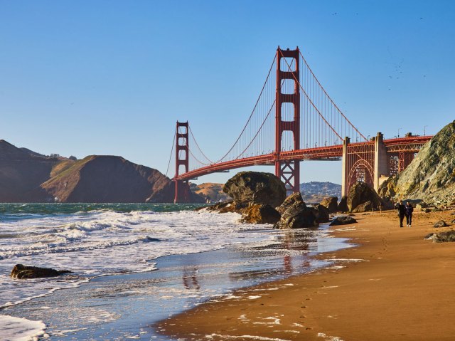 View of Golden Gate Bridge from beach in San Francisco