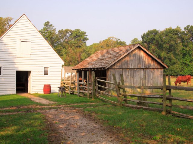 Wood cabins at the George Washington Birthplace National Monument in Colonial Beach, Virginia