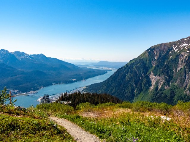 View of Gastineau Channel, Douglas Island, and downtown Juneau from the top of Mount Juneau in Alaska