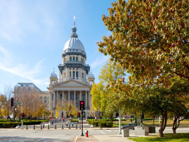 View down tree-lined street of Illinois State Capitol in Springfield