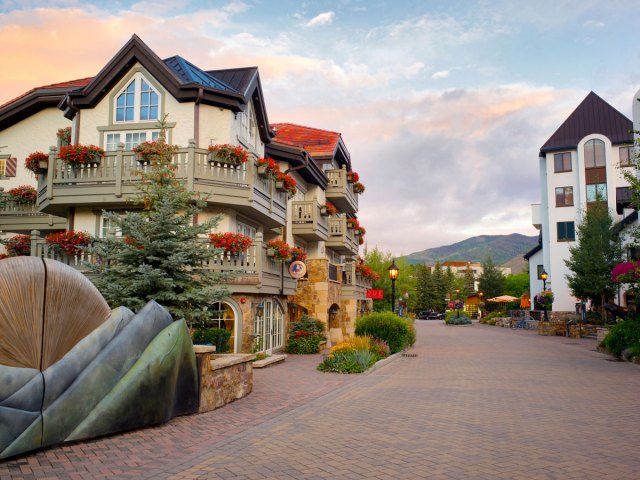 Downtown Vail, Colorado, with mountains in distance