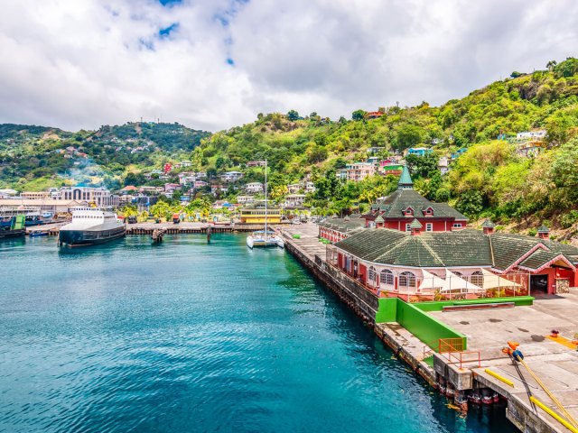 Waterfront buildings along marina in St. Vincent and the Grenadines, seen from above