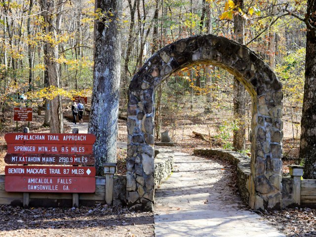 Stone archway and sign indicating Appalachian Trail