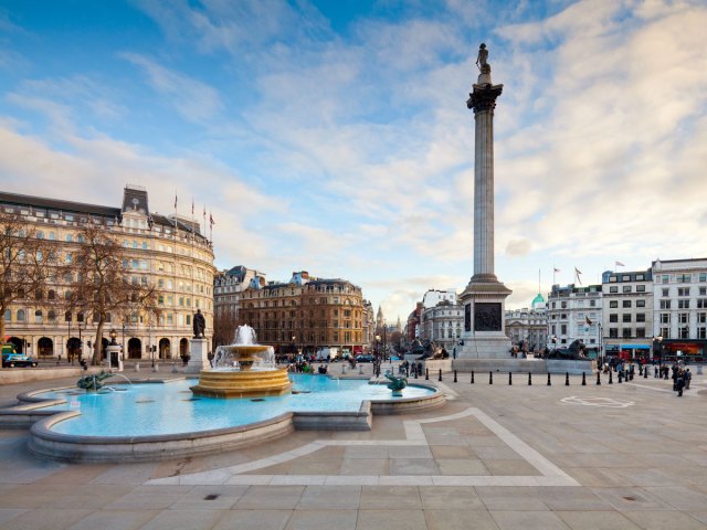 Statue of war hero Lord Nelson towering over Trafalgar Square in London, England