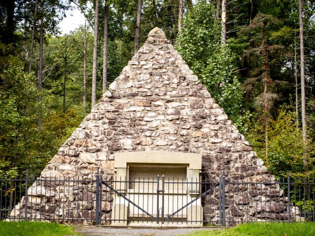 Stone pyramid marking spot where President James Buchanan's childhood cabin stood in Cove Gap, Pennsylvania 