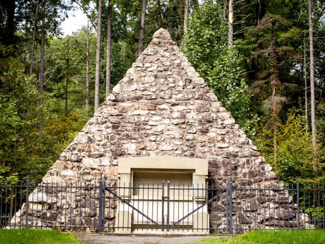 Stone pyramid marking spot where President James Buchanan's childhood cabin stood in Cove Gap, Pennsylvania