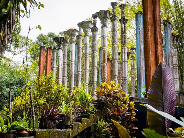 Columns and tropical plants at Las Pozas garden in Xilitla, Mexico