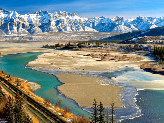 Aerial view of mountains and rivers of Jasper National Park in Canada