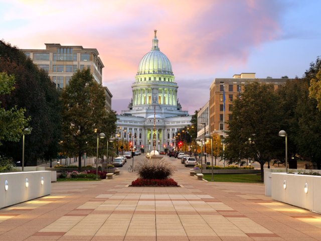 Wisconsin State Capital, seen down wide avenue in Madison