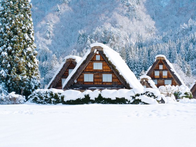 Traditional homes in snowy landscape of Shirakawa-go, Japan