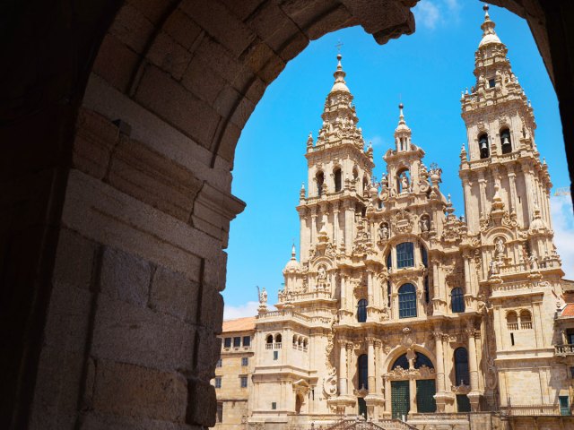 View of cathedral of Santiago de Compostela, Spain, through archway