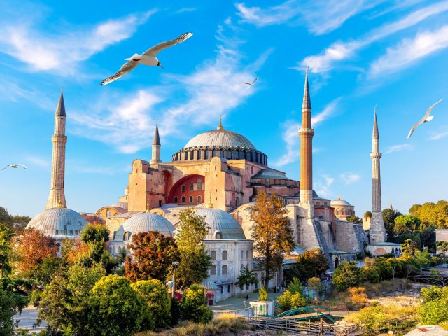 Birds flying over the minarets of Hagia Sophia in Istanbul, Turkey