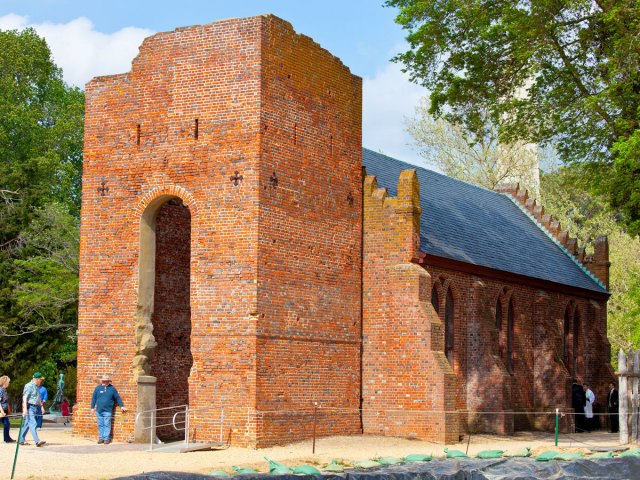 Brick exterior of the Jamestown Church in Virginia