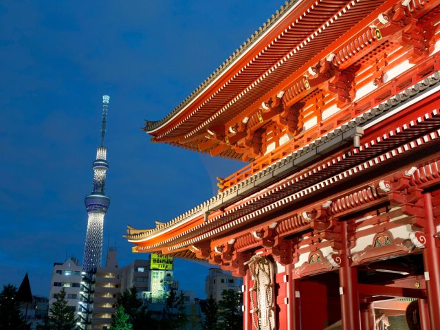 Senso-ji temple and Skytree Tower at night in Tokyo, Japan