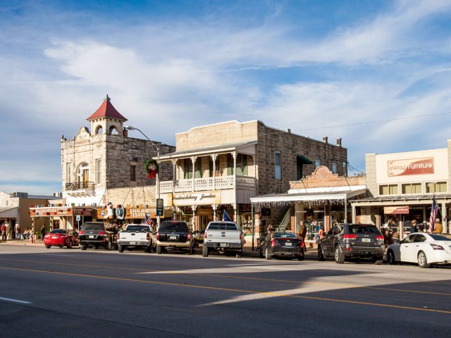 Main street storefronts in Fredericksburg, Texas