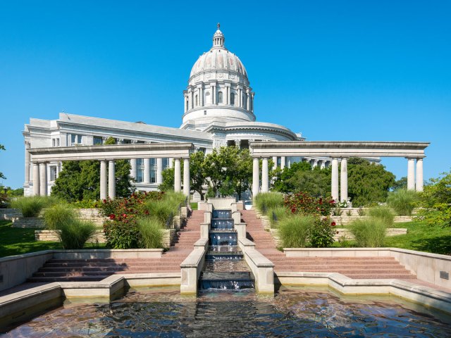 Pools and steps leading to Missouri State Capitol in Jefferson City
