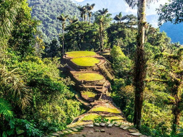 Overview of the "lost city" of Ciudad Perdida in the mountainous jungle of Colombia