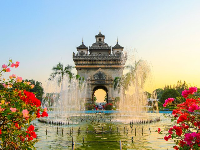 Flower-lined fountain in Vientiane, Laos
