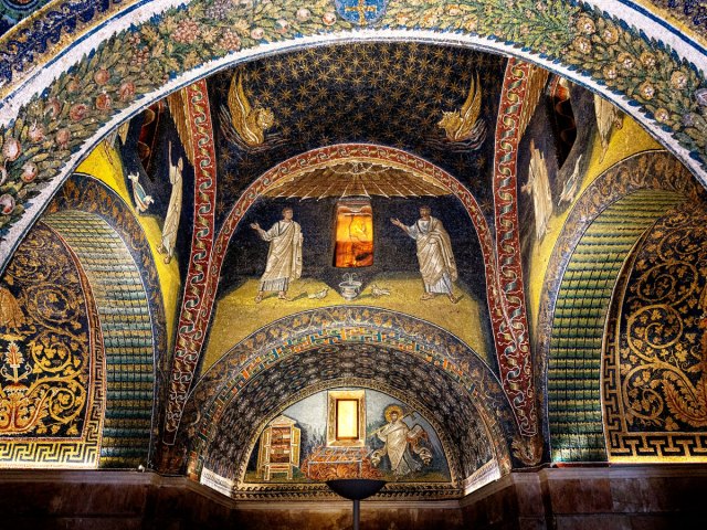Mural-covered ceiling of Mausoleum of Galla Placidia in Ravenna, Italy
