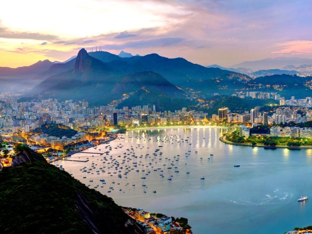 Guanabara Bay in Brazil at dusk, seen from mountaintop