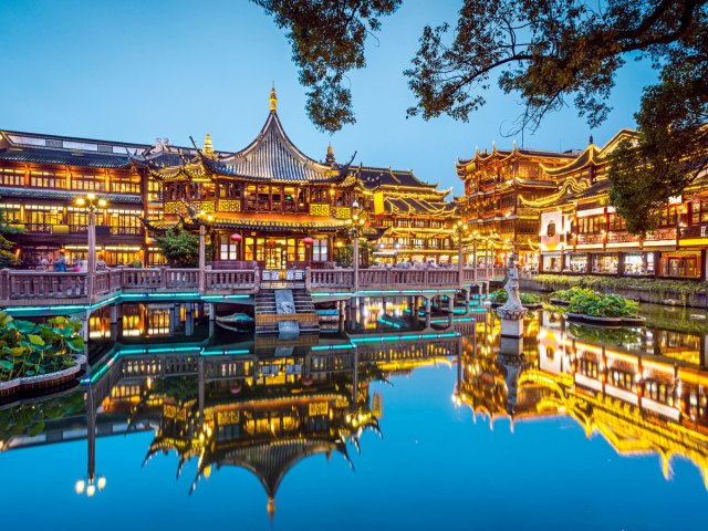 Yuyuan Gardens with reflection on pool in Shanghai, China