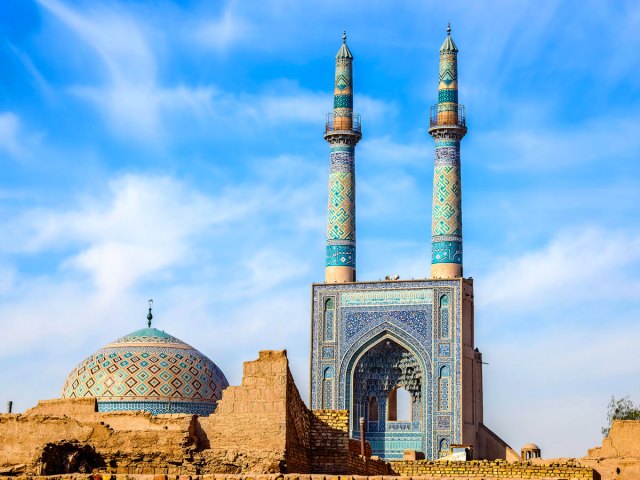 Mosaic-covered exterior of Jameh Mosque of Yazd in Iran