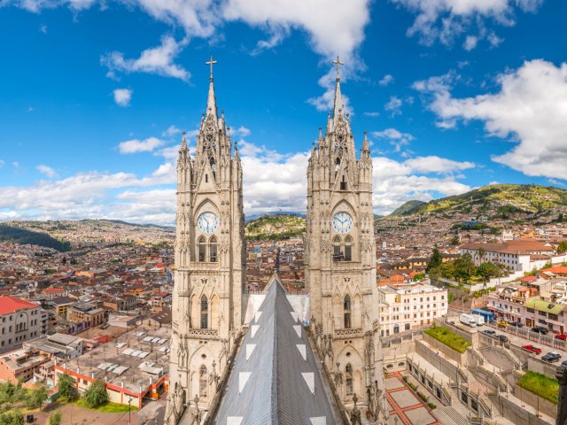 Aerial view of the Basilica del Voto Nacional and downtown Quito, Ecuador