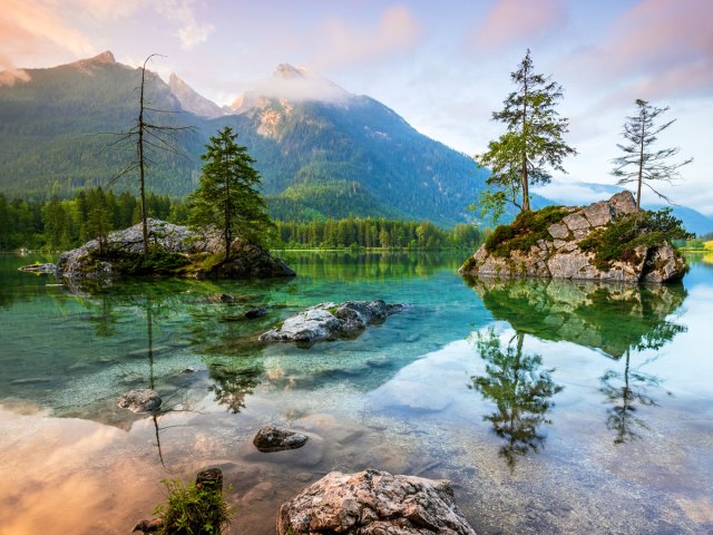 Lake filled with translucent waters in Germany's Berchtesgaden National Park
