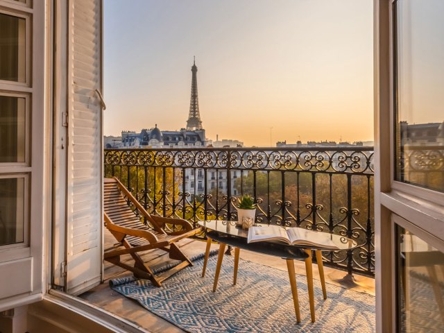 View of Eiffel Tower from balcony in Paris