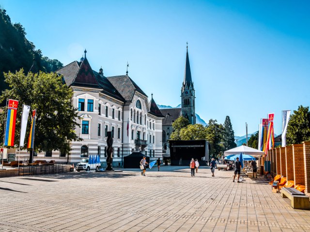 St. Florin Cathedral and surrounding buildings in Vaduz, Liechtenstein