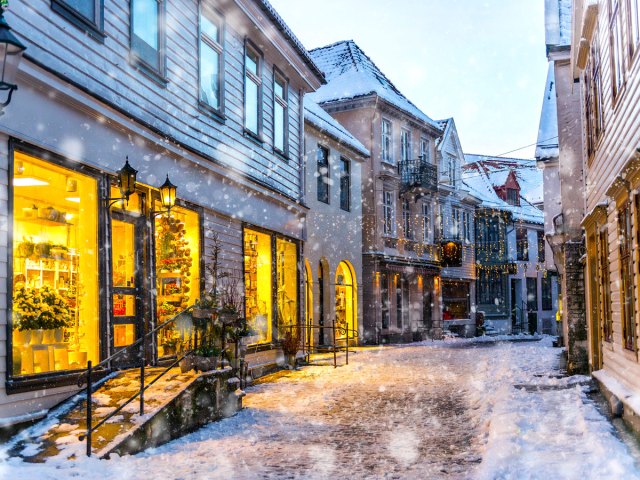 Snowy lane in Bergen, Norway