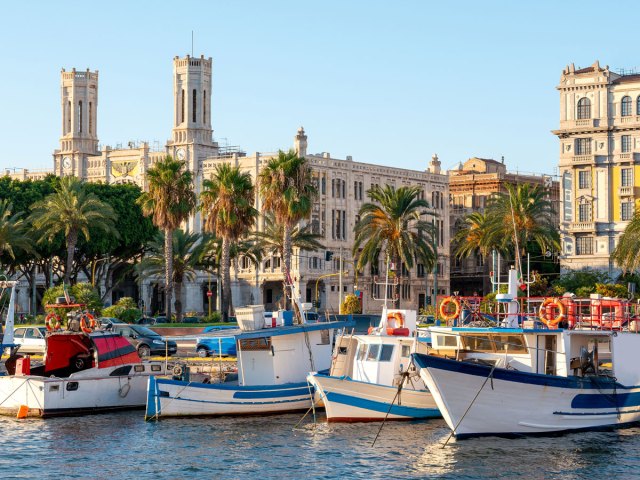 Boats docked in marina in Sardinia, Italy