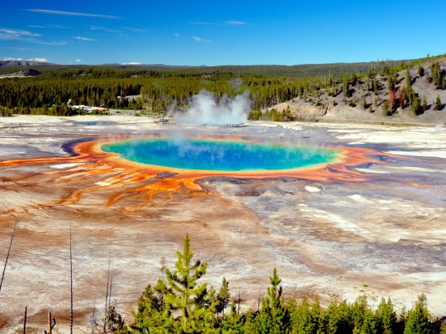 Rainbow-colored Grand Prismatic Spring in Yellowstone National Park, seen from above