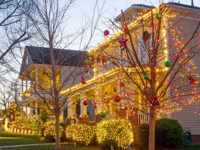 Homes decorated with Christmas lights in McAdenville, North Carolina