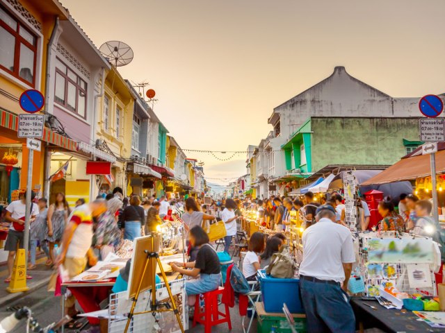 Busy street market in Phuket, Thailand