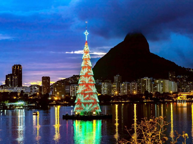 Christmas tree floating in Rodrigo de Freitas Lagoon in Rio de Janeiro, Brazil