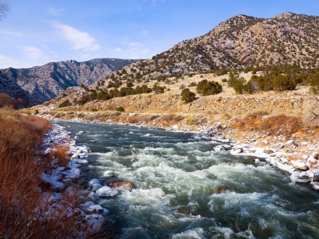 Rapids of the Arkansas River flowing through mountains